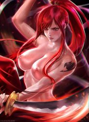 Rule 34 | 1girl, breasts, erza scarlet, fairy tail, highres, long hair, nipples, ponytail, red eyes, red hair, sakimichan, solo, sword, weapon