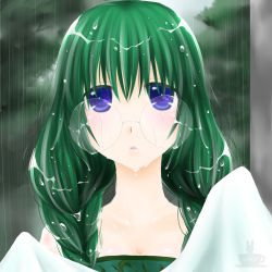 Rule 34 | 1girl, blue eyes, glasses, green background, green hair, green theme, hair over shoulder, long hair, minyo, philia felice, rain, round eyewear, solo, tales of (series), tales of destiny, twintails, wet