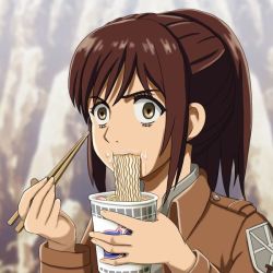 Rule 34 | 1girl, chopsticks, eating, food, instant noodles, noodles, sasha blouse, shingeki no kyojin, tagme
