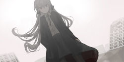 Rule 34 | 1girl, black bow, black coat, black pantyhose, black skirt, bow, building, chihuri, closed mouth, cloud, cloudy sky, coat, collared shirt, dress shirt, dutch angle, eve (chihuri), floating hair, frown, grey hair, hair between eyes, hair bow, hand in pocket, highres, long hair, looking at viewer, open clothes, open coat, original, outdoors, overcast, pantyhose, red pupils, ruins, shirt, skirt, sky, solo, very long hair, white shirt