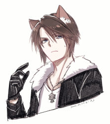 Rule 34 | 1boy, animal ears, black gloves, black jacket, blue eyes, brown hair, cat boy, cat ears, chain, chain necklace, commentary request, cropped shoulders, dated, final fantasy, final fantasy viii, fur-trimmed jacket, fur trim, gloves, hand up, hiryuu (kana h), jacket, jewelry, light frown, long sleeves, male focus, necklace, open clothes, open jacket, pointing, pointing at self, scar, scar on face, shirt, short hair, simple background, solo, squall leonhart, sweatdrop, v-neck, white background, white shirt
