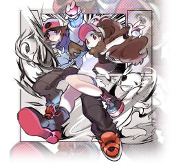 Rule 34 | 1boy, 1girl, antenna hair, baggy pants, baseball cap, boots, brown eyes, brown hair, closed mouth, commentary, creatures (company), dewott, game freak, gen 5 pokemon, hat, high ponytail, hilbert (pokemon), hilda (pokemon), holding, holding poke ball, jacket, lillin, looking down, nintendo, open clothes, open vest, pants, poke ball, poke ball (basic), pokemon, pokemon bw, red footwear, red headwear, servine, shirt, shoes, short hair, short shorts, shorts, sidelocks, vest, white headwear, white shirt, wristband, zipper pull tab