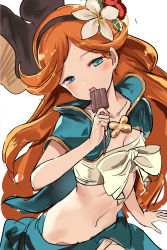 Rule 34 | 10s, 1girl, blue eyes, blush, cape, commentary request, flower, granblue fantasy, hair flower, hair ornament, hairband, highres, long hair, looking at viewer, navel, open mouth, orange hair, popsicle, sara (granblue fantasy), solo, strapless, tube top, very long hair, yamacchi