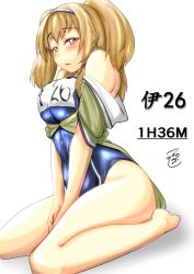 Rule 34 | 10s, 1girl, bare shoulders, blush, breasts, brown eyes, character name, hairband, i-26 (kancolle), kantai collection, large breasts, light brown hair, long hair, looking at viewer, making-of available, name tag, new school swimsuit, off shoulder, one-piece swimsuit, open clothes, open mouth, sailor collar, school swimsuit, shiny clothes, short sleeves, sitting, solo, swimsuit, swimsuit under clothes, thighs, tsukino murakumo, two-tone hairband, two side up, wariza, white background