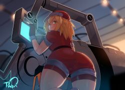 Rule 34 | 1girl, ass, bike shorts, bike shorts under shorts, black gloves, blonde hair, cabbie hat, commentary, english commentary, from behind, gloves, green eyes, hat, highres, huge ass, jumpsuit, looking at viewer, looking back, machinery, medium hair, mega man (series), mega man legends (series), nyantcha, red jumpsuit, red shorts, roll caskett (mega man), screen light, shorts, sleeves rolled up, smile, solo, thighs