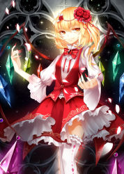 Rule 34 | 1girl, alternate costume, bad id, bad pixiv id, blonde hair, blush, fingernails, flandre scarlet, flower, hair flower, hair ornament, long fingernails, long sleeves, nail polish, red eyes, side ponytail, skirt, smile, solo, stari, thighhighs, touhou, white thighhighs, wings