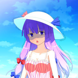 Rule 34 | 1girl, alternate costume, bow, breasts, camisole, cato (monocatienus), chestnut mouth, cleavage, collarbone, contemporary, day, empty eyes, frills, hair bow, hat, long hair, medium breasts, open mouth, patchouli knowledge, purple eyes, purple hair, sky, solo, spaghetti strap, striped, sun hat, touhou, trembling, triangle mouth, vertical stripes