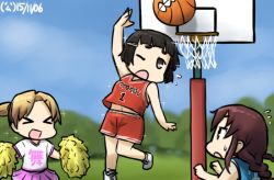 Rule 34 | &gt; &lt;, 10s, 3girls, :d, ball, basketball, basketball (object), basketball hoop, basketball uniform, cheering, cheerleader, closed eyes, dated, hamu koutarou, kantai collection, maikaze (kancolle), multiple girls, myoukou (kancolle), myoukou pose, noshiro (kancolle), one eye closed, open mouth, pom pom (cheerleading), smile, sparkle, sportswear, xd