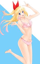 Rule 34 | 1girl, :d, absurdres, barefoot, bikini, blonde hair, blue background, blue eyes, bow, breasts, cleavage, collarbone, double v, floating hair, gradient hair, groin, hair between eyes, hair bow, highres, kirisaki chitoge, long hair, looking at viewer, multicolored hair, navel, nisekoi, open mouth, pink bikini, pink hair, red bow, small breasts, smile, solo, standing, standing on one leg, swimsuit, two-tone background, v, very long hair, white background, yumemo