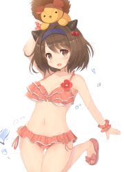 Rule 34 | 10s, 1girl, :d, arm up, bare arms, bare shoulders, bikini, blush, bow, breasts, brown eyes, brown hair, cleavage, collarbone, creature, creature on head, draph, frilled bikini, frills, granblue fantasy, hair bobbles, hair intakes, hair ornament, hairband, highres, horns, kagerou (shadowmage), looking at viewer, medium breasts, no socks, open mouth, red bikini, red bow, ribbon, sandals, short hair, simple background, smile, solo, swimsuit, tareme, thigh gap, underboob, water, water drop, white background, wrist ribbon, yaia (granblue fantasy)