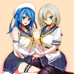 Rule 34 | 10s, 2girls, asymmetrical docking, beret, black legwear, blue eyes, blue hair, blush, breast press, breasts, double bun, elbow gloves, gen (black factory), gloves, hair bun, hair ornament, hair over one eye, hairclip, hamakaze (kancolle), hat, highres, interlocked fingers, kantai collection, lactation, large breasts, long hair, looking at viewer, multiple girls, nipples, one breast out, open mouth, pantyhose, revision, school uniform, serafuku, short hair, silver hair, sitting, skirt, sleeves rolled up, smile, thigh strap, urakaze (kancolle), wariza, white gloves, white hat