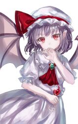 Rule 34 | 1girl, ambiguous red liquid, ascot, bat wings, brooch, dress, highres, jewelry, pointy ears, purple hair, red ascot, remilia scarlet, simple background, solo, suzushina, touhou, white background, white dress, white mob cap, wings
