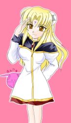 Rule 34 | 00s, 1girl, blonde hair, broccoli (company), crossover, facial mark, forehead mark, galaxy angel, gundam, haro, long hair, outline, pink background, puffy sleeves, ranpha franboise, robot, salute, simple background, solo, translated, uniform, yellow eyes