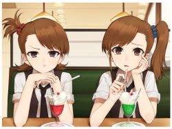 Rule 34 | 2girls, arm rest, brown eyes, brown hair, cherry, commentary request, drinking straw, food, fruit, futami ami, futami mami, hair bobbles, hair ornament, hand on own cheek, hand on own face, hitoto, idolmaster, idolmaster (classic), indoors, long hair, looking at viewer, multiple girls, necktie, open mouth, parfait, pout, shirt, short hair, short sleeves, siblings, side ponytail, sisters, sitting, table, twins, vest
