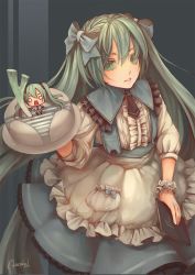Rule 34 | 1girl, aqua eyes, aqua hair, artist name, black necktie, blue ribbon, book, cake, character doll, chibi, commentary request, detached sleeves, food, gothic lolita, green eyes, hair between eyes, hair ribbon, hatsune miku, holding, holding book, lolita fashion, necktie, nyanfood, panties, pleated skirt, ribbon, skirt, solo, spring onion, striped clothes, striped panties, thighhighs, twintails, underwear, vocaloid, wrist cuffs, zettai ryouiki