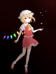Rule 34 | 1girl, ankle cuffs, ascot, black background, blonde hair, blouse, flandre scarlet, full body, hat, highres, light particles, looking up, mob cap, nekoze, open mouth, outstretched hand, red eyes, shirt, shoes, short hair, simple background, skirt, skirt set, socks, solo, touhou, vest, wings