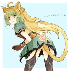 Rule 34 | 1girl, ahoge, animal ears, ass, atalanta (fate), blonde hair, blue background, blush, braid, brown gloves, buckle, cat ears, cat tail, cowboy shot, fate/apocrypha, fate (series), from behind, frown, garter straps, gloves, gradient hair, green eyes, green hair, leaning forward, long hair, looking at viewer, looking back, matching hair/eyes, multicolored hair, outside border, puffy short sleeves, puffy sleeves, short sleeves, simple background, solo, star (symbol), tail, tamaki (glass bottle), thighhighs, two-tone hair