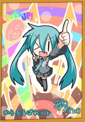 Rule 34 | &gt; o, 1girl, aqua hair, arm up, chibi, chibi miku, detached sleeves, dog, hamo (dog), hatsune miku, long hair, minami (colorful palette), necktie, one eye closed, open mouth, pointing, pointing up, skirt, smile, solo, translated, twintails, vocaloid, wink, | |