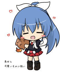 Rule 34 | 1girl, :d, animal, bad id, bad pixiv id, black jacket, black socks, blazer, blue hair, blush stickers, boots, brown footwear, chibi, closed eyes, cross-laced footwear, full body, hair between eyes, heart, high ponytail, holding, holding animal, jacket, knee boots, kneehighs, lace-up boots, long hair, necktie, open clothes, open jacket, open mouth, original, pink necktie, plaid, plaid skirt, pleated skirt, ponytail, red skirt, ri-net, shirt, simple background, skirt, smile, snake, socks, solo, standing, translation request, very long hair, white background, white shirt, white snake