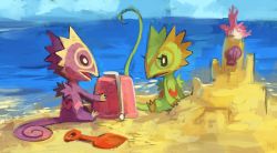 Rule 34 | alternate color, alternate shiny pokemon, beach, blue sky, bucket, creatures (company), day, eyelashes, full body, game freak, gen 3 pokemon, glitchedpuppet, highres, kecleon, nintendo, no humans, ocean, outdoors, playing, pmd-explorers, pokemon, pokemon (creature), pokemon mystery dungeon, purple kecleon, sand, sand castle, sand sculpture, sky