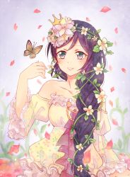 Rule 34 | 10s, 1girl, alternate hairstyle, bare shoulders, blush, braid, breasts, bug, butterfly, cleavage, flower, green eyes, hair over shoulder, bug, long hair, love live!, love live! school idol festival, love live! school idol project, off shoulder, parted lips, petals, pii (pxuy), purple hair, single braid, smile, solo, tojo nozomi