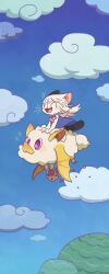 Rule 34 | 1girl, absurdres, animal ears, basket, bat wings, blue dress, blue sky, cat ears, cat girl, chibi, closed eyes, cloud, creature, dress, flying, full body, furry, furry female, highres, holding, holding basket, horseback riding, hua hua de meme, neckerchief, open mouth, original, pig ears, pig nose, red neckerchief, riding, sailor dress, sky, sleeveless, sleeveless dress, smile, solo, tree, white fur, white hair, wings, yellow wings