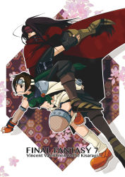 Rule 34 | 1990s (style), 1boy, 1girl, belt, black hair, cape, discuss ion, final fantasy, final fantasy vii, fishnets, gauntlets, headband, highres, midriff, mouth hold, red cape, shorts, single thighhigh, socks, tagme, thighhighs, vincent valentine, yuffie kisaragi