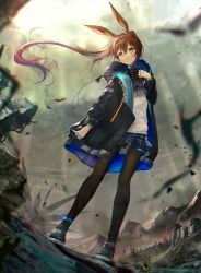 Rule 34 | 1girl, amiya (arknights), animal ears, arknights, black footwear, black jacket, black skirt, blue eyes, blurry, blurry background, brown hair, brown pantyhose, commentary request, depth of field, floating hair, hair between eyes, hand up, highres, jacket, long hair, long sleeves, looking away, looking to the side, open clothes, open jacket, pantyhose, parted lips, pleated skirt, ponytail, rabbit ears, shirt, shoes, skirt, solo, standing, very long hair, white shirt, yano mitsuki (nanairo)