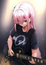 Rule 34 | 1girl, absurdres, black background, black shirt, black skirt, blue eyes, bocchi the rock!, breasts, closed mouth, clothes writing, commentary request, cube hair ornament, eyes visible through hair, floor, gotoh hitori, gradient background, grey background, guitar, hair between eyes, hair ornament, hands up, highres, holding, holding instrument, instrument, light, long hair, looking down, looking to the side, medium breasts, minato yu, music, pink hair, playing instrument, shirt, short sleeves, sidelocks, skirt, solo, stage, stage lights, standing, sweat, sweatdrop, t-shirt, white background