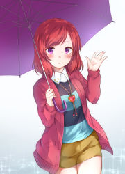 Rule 34 | 1girl, black shirt, blue shirt, blush, buttons, closed mouth, collared shirt, commentary request, cowboy shot, gradient background, hand up, head tilt, heart, highres, hitotsuki no yagi, holding, holding umbrella, jacket, jewelry, long sleeves, looking at viewer, love live!, love live! school idol festival, love live! school idol project, medium hair, necklace, nishikino maki, open clothes, open jacket, pocket, purple eyes, purple umbrella, red hair, red jacket, shirt, shorts, smile, solo, sparkle, standing, striped clothes, striped shirt, swept bangs, umbrella, unbuttoned, waving, white background, yellow shorts
