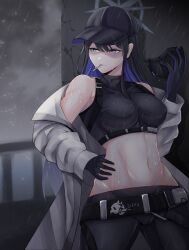 Rule 34 | 1girl, bare shoulders, baseball cap, belt, black belt, black gloves, black hair, black hat, black mask, black pants, black shirt, blue archive, blue eyes, blue hair, breasts, buckle, chest harness, cloud, cloudy sky, coat, commentary, cowboy shot, crop top, gloves, groin, halo, hand on own hip, harness, hat, highres, holding, holding mask, long hair, mask, medium breasts, midriff, mouth hold, mouth mask, multicolored hair, navel, off shoulder, pants, rain, saori (blue archive), shirt, singwee, sky, sleeveless, sleeveless shirt, snap-fit buckle, solo, standing, two-tone hair, underbust, unworn mask, wet, white coat