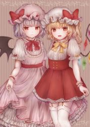 Rule 34 | 2girls, :d, adapted costume, bat wings, bebitera, blonde hair, bow, bowtie, center frills, closed mouth, commentary, crystal, dress, fangs, flandre scarlet, frilled sleeves, frills, garter straps, grey background, hat, hat ribbon, highres, light purple hair, long dress, looking at viewer, mob cap, multiple girls, neck ribbon, one side up, open mouth, orange bow, orange bowtie, petticoat, pinafore dress, pink dress, puffy short sleeves, puffy sleeves, red bow, red bowtie, red dress, red eyes, red ribbon, remilia scarlet, ribbon, short dress, short hair, short sleeves, siblings, simple background, sisters, skirt hold, sleeveless dress, smile, standing, striped, striped background, thighhighs, touhou, underbust, vertical stripes, white legwear, wings, wrist cuffs