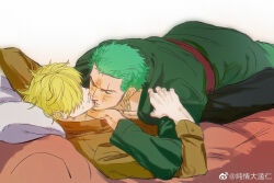 Rule 34 | 2boys, ass, blonde hair, blush, collared shirt, couple, curly eyebrows, facial hair, feet out of frame, from side, goatee, green hair, hair over one eye, highres, japanese clothes, kimono, kiss, lying on person, male focus, multiple boys, one piece, roronoa zoro, sanji (one piece), scar, scar across eye, shirt, short hair, sweatdrop, sweetdou3, yaoi