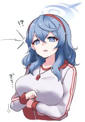 Rule 34 | !?, 1girl, ako (blue archive), blue archive, blue eyes, blue hair, breasts, commentary request, cropped torso, hair between eyes, hairband, halo, highres, jacket, large breasts, long sleeves, newtype flash, open mouth, red hairband, red jacket, rumiya9i, shirt, simple background, solo, sweat, track jacket, translation request, upper body, whistle, whistle around neck, white background, white shirt