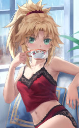 Rule 34 | 1girl, bare shoulders, blonde hair, braid, breasts, camisole, collarbone, cup, drinking, fate/apocrypha, fate (series), french braid, green eyes, highres, lace trim, long hair, looking at viewer, midriff, mordred (fate), mordred (fate/apocrypha), navel, panties, parted bangs, ponytail, red camisole, red panties, sidelocks, small breasts, solo, teacup, tonee, underwear, underwear only