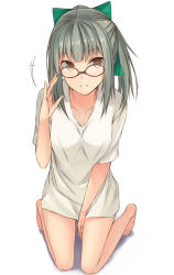 Rule 34 | 10s, 1girl, alternate costume, barefoot, bow, brown eyes, collarbone, glasses, green bow, grey hair, grin, hair bow, kanpyo (hghgkenfany), kantai collection, kneeling, long hair, motion lines, no pants, ponytail, red-framed eyewear, shirt, short sleeves, simple background, smile, solo, white background, white shirt, yuubari (kancolle)