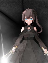 Rule 34 | 1girl, absurdres, black dress, black flower, black rose, blue eyes, breasts, brown hair, dress, dual wielding, flower, frown, hair flower, hair ornament, highres, holding, holding sword, holding weapon, juzi wei qishui, lens flare, medium breasts, open mouth, original, rose, side ponytail, solo, sword, v-shaped eyebrows, weapon