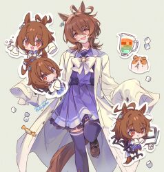 Rule 34 | agnes tachyon (umamusume), ahoge, animal ears, arms up, blush, bow, brown footwear, brown hair, candy, chair, cheering, chemical structure, chibi, coat, computer, cup, earrings, food, guinea pig, horse ears, horse girl, horse tail, huge ahoge, jewelry, lab coat, laptop, medium hair, office chair, on chair, open clothes, open coat, open mouth, partially submerged, purple shirt, purple skirt, purple thighhighs, red eyes, school uniform, shirt, shirt tucked in, simple background, single earring, sitting, skirt, sleeves past fingers, sleeves past wrists, smile, sugar cube, swivel chair, tail, teacup, test tube, thighhighs, tracen school uniform, umamusume, welchino, white background, white bow, white coat, wolf cut, worried