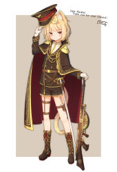 Rule 34 | 1girl, animal ear fluff, animal ears, black cloak, black footwear, black hat, black jacket, black shorts, blonde hair, blush, boots, brown background, cat ears, cat girl, cat tail, cloak, closed mouth, commentary request, commission, coreytaiyo, dated, english text, epaulettes, full body, gloves, gun, hand up, hat, highres, holding, holding clothes, holding hat, jacket, long sleeves, looking at viewer, military, military uniform, original, peaked cap, red eyes, shirt, short shorts, shorts, signature, skeb commission, smile, solo, standing, sword, tail, two-tone background, uniform, weapon, weapon request, white background, white gloves, white shirt