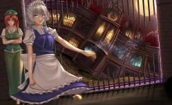 Rule 34 | 2girls, apron, blue eyes, braid, chain, chinese clothes, clock, crossed arms, flat cap, frilled apron, frills, frown, full moon, haru-kun, hat, hong meiling, iron bars, izayoi sakuya, light trail, long hair, looking at viewer, maid headdress, moon, multiple girls, open hand, outstretched hand, parted lips, pocket watch, puffy short sleeves, puffy sleeves, red hair, scarlet devil mansion, short hair, short sleeves, silver hair, skirt, skirt set, star (symbol), surreal, touhou, twin braids, waist apron, watch