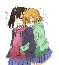 Rule 34 | 10s, 2girls, blue skirt, blush, bow, closed eyes, graphite (medium), hair between eyes, hair bow, hands in pockets, hug, hug from behind, kosaka honoka, long sleeves, love live!, love live! school idol project, multiple girls, one side up, open mouth, orange hair, pleated skirt, red bow, skirt, standing, traditional media, translated, twintails, white background, yazawa nico, yellow bow, yuuta (monochrome)