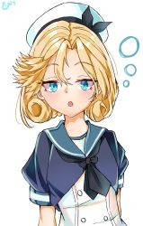 Rule 34 | 1girl, bad id, bad pixiv id, black neckerchief, black shirt, blonde hair, blue eyes, blue sailor collar, commentary request, dress, gloves, hat, highres, janus (kancolle), kantai collection, looking at viewer, messy hair, nari (bikkii), neckerchief, open mouth, sailor collar, sailor dress, sailor hat, shirt, short hair, short sleeves, simple background, sleepy, solo, teeth, upper body, upper teeth only, white background, white dress, white hat