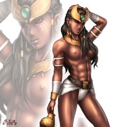 Rule 34 | 1girl, abs, armlet, black hair, breasts, colored sclera, cowboy shot, closed eyes, facial mark, hair over shoulder, hand on own head, jewelry, kamen rider, kamen rider kuuga (series), lips, loincloth, long hair, looking at viewer, muscle, muscular, muscular female, navel, neck ring, nipples, nose, red eyes, red sclera, scar, slit pupils, solo, standing, taikyokuturugi, toned, topless, zoom layer, zu-mebio-da