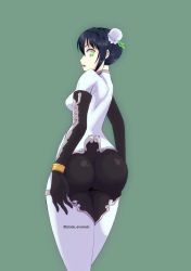 Rule 34 | 1girl, ass, atoda anomalo, back, black hair, bodysuit, breasts, bun cover, chinese clothes, double bun, fate/grand order, fate (series), fingerless gloves, gloves, green eyes, looking at viewer, looking back, looking down, medium breasts, ninja, open mouth, pants, qin liangyu (fate), short hair, sideboob, solo, standing, tight clothes, tight pants