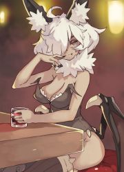 Rule 34 | 1girl, ahoge, animal ear fluff, animal ears, bare arms, bare shoulders, bat ears, bat wings, black nails, breasts, brown leotard, brown thighhighs, cleavage, closed mouth, cup, draculina (vins-mousseux), drinking glass, fang, fang out, fingernails, hair over one eye, hand up, highres, holding, holding cup, large breasts, leotard, looking at viewer, nail polish, one eye covered, orange eyes, original, short hair, sitting, slit pupils, smile, solo, stool, thighhighs, vins-mousseux, white hair, wings