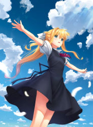 Rule 34 | 1girl, air (visual novel), ascot, black dress, black ribbon, blonde hair, blue eyes, blue sky, bow, breasts, cloud, day, dress, dutch angle, feathers, floating hair, from below, guang yiren, hair between eyes, hair bow, highres, kamio misuzu, long hair, open mouth, outdoors, outstretched arms, pinafore dress, ponytail, red ascot, ribbon, shirt, short dress, short sleeves, sky, sleeveless, sleeveless dress, small breasts, solo, standing, sunlight, very long hair, white bow, white feathers, white shirt