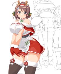 Rule 34 | 3girls, animal ears, antlers, ass, braid, braided hair rings, breasts, brown hair, capelet, chougei (kancolle), dd (ijigendd), deer ears, fake animal ears, fake horns, fur-trimmed capelet, fur-trimmed gloves, fur trim, garter straps, gloves, grey eyes, hair ornament, hair rings, hairband, hairclip, headgear, highres, hip vent, horns, kantai collection, large breasts, long hair, miniskirt, multiple girls, official alternate costume, red capelet, red gloves, red hairband, red skirt, reindeer antlers, shirt, skirt, sleeveless, sleeveless shirt, thighhighs, translation request, twin braids, whale hair ornament, white shirt