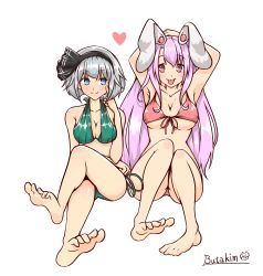 Rule 34 | 2girls, :p, animal ears, arms behind head, artist name, barefoot, bikini, blush, bob cut, breasts, butakimu, cleavage, crossed legs, full body, halterneck, hand on own face, heart, highres, konpaku youmu, long hair, multiple girls, purple hair, rabbit ears, reisen udongein inaba, silver hair, smile, swimsuit, tongue, tongue out, touhou, transparent background, white background