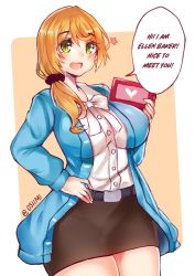 Rule 34 | 1girl, :d, belt, blonde hair, blue jacket, blush, book, bow, bowtie, breasts, brown pants, brown skirt, cowboy shot, dress shirt, ellen baker, english text, green eyes, hair ornament, hair scrunchie, hand on own hip, holding, holding book, jacket, large breasts, long hair, looking at viewer, low ponytail, miniskirt, new horizon, open clothes, open jacket, open mouth, osiimi, pants, patreon, pencil skirt, ponytail, scrunchie, shirt, skirt, smile, solo, speech bubble, twitter username, white bow, white bowtie, white shirt