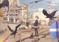 Rule 34 | 1girl, bird, brown hair, cloud, commentary, crow, day, english commentary, fence, flock, gravel, hands in pockets, hechima (issindotai), highres, hood, hoodie, industrial, jacket, looking away, looking up, original, pantyhose, railroad tracks, shoes, short hair, sign, skirt, sky, sneakers, solo, standing
